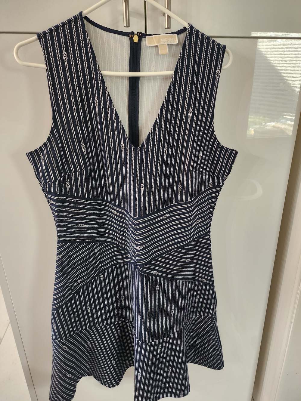 Michael Kors Navy and White Striped V-Neck Fit & Flare Mini Dress - Picture 2 of 3